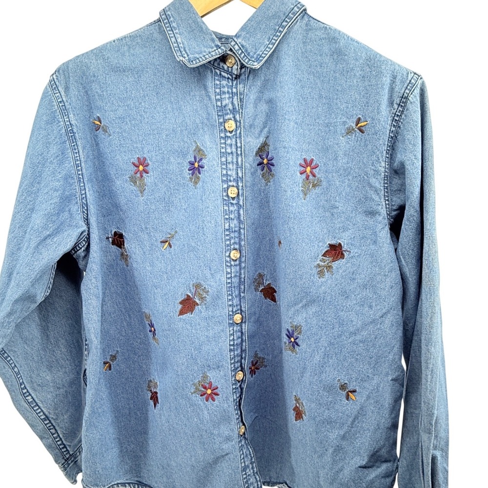 Vtg Cabin Creek Womens Denim Shirt Button Down Embroidered Flowers Leaves‎ XL